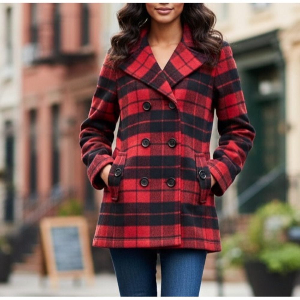 New York & Company Red Black Plaid‎ Wool Blend Pea Coat Jacket Womens Size M